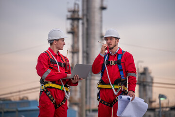 Engineer wear uniform and helmet stand workplace hand holding tablet computer, survey inspection team work see detail blue print plant site to work with oil refinery  background. - 800795673