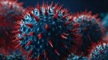 Spherical viruses with protruding spikes and are rendered in shades of red and blue.