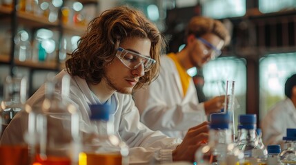 A man in a lab coat is working on an experiment with a group of other people