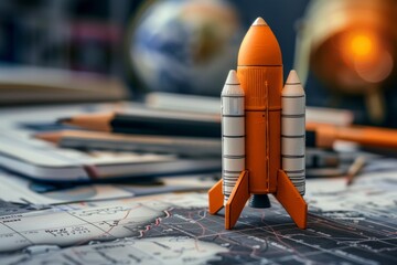 A small orange rocket is sitting on a map - Powered by Adobe