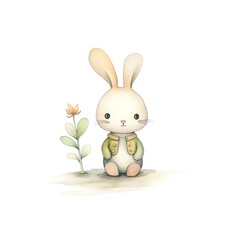 cute bunny in garden, watercolor, cartoon, hand drawing, animation 2D, vibrant, minimalist style