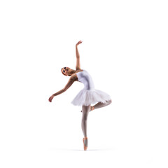 Ballet dancer isolated on white. Beautiful ballerina performing in studio.