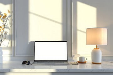 Workspace with a white-screen laptop mockup, a table lamp, and accessories on a white tabletop in a modern white lobby or reception room. 3d render, 3d illustration