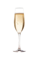 A flute glass filled with sparkling champagne, showing fine bubbles and golden color, set against a clean white backdrop. Generative AI