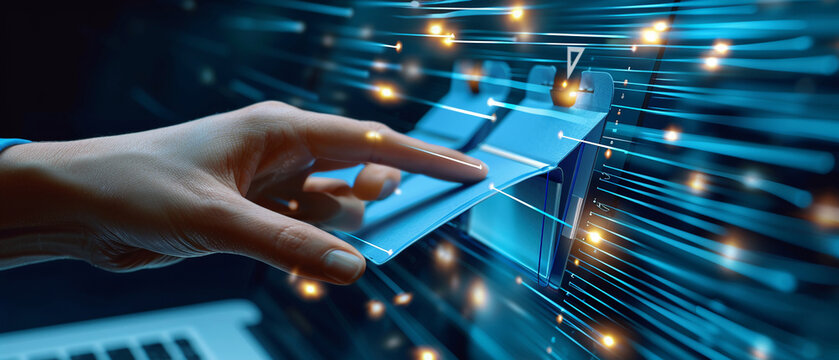 Hand touching document storage folder on computer screen in document management concept.