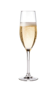 A flute glass filled with sparkling champagne, showing fine bubbles and golden color, set against a clean white backdrop. Generative AI