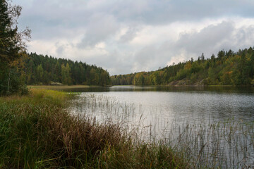 View from the shore of Lake Ladoga near the village of Lumivaara on a sunny autumn day, Ladoga skerries, Lahdenpohya, Republic of Karelia, Russia