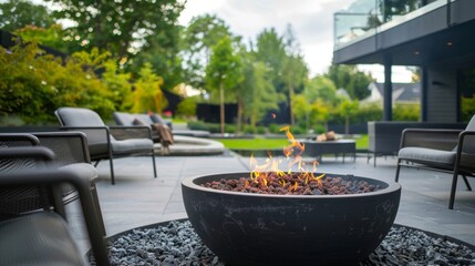 A minimalist fire pit encircled by sleek black chairs creating a chic and functional outdoor seating area. 2d flat cartoon.