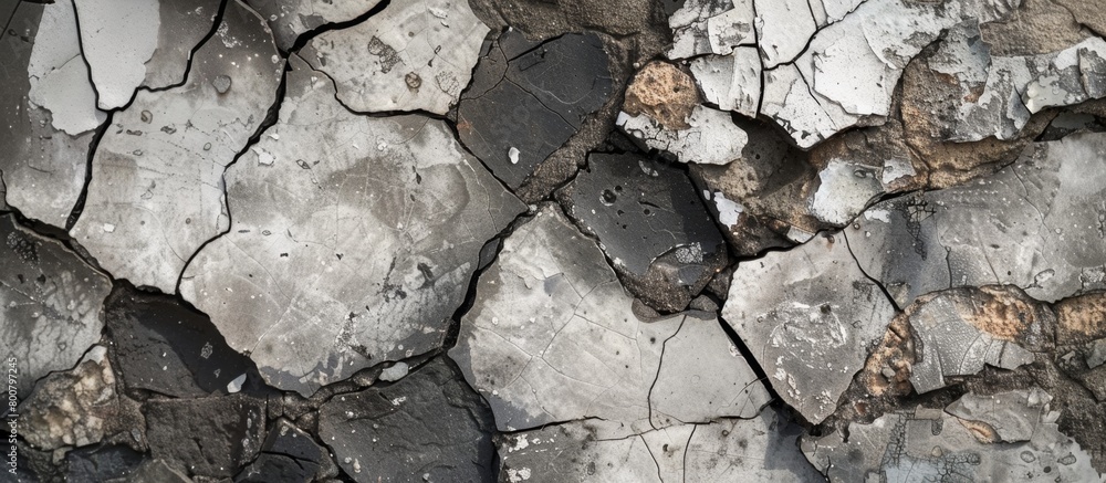Poster close-up of a weathered wall showing cracks and a tiny hole in it, revealing its worn-out structure