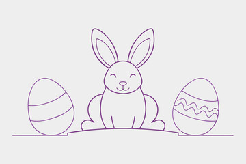 One continuous line drawing of Easter eggs and rabbit. Greeting banner design with bunny and ears in simple linear style. Editable stroke. Doodle vector