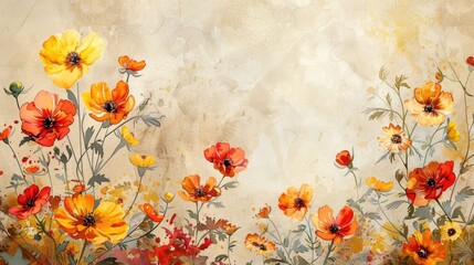Bright summer watercolor flowers on an abstract beige background.