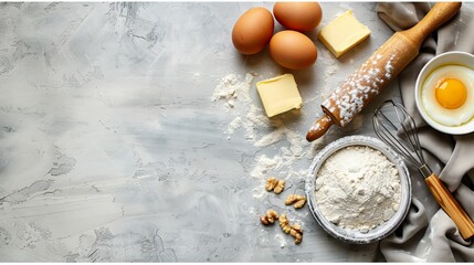 Baking ingredients including flour, eggs, rolling pin, butter, and kitchen textiles are arranged on a bright grey concrete background, inviting viewers to explore cookie, pie, or cake recipes.