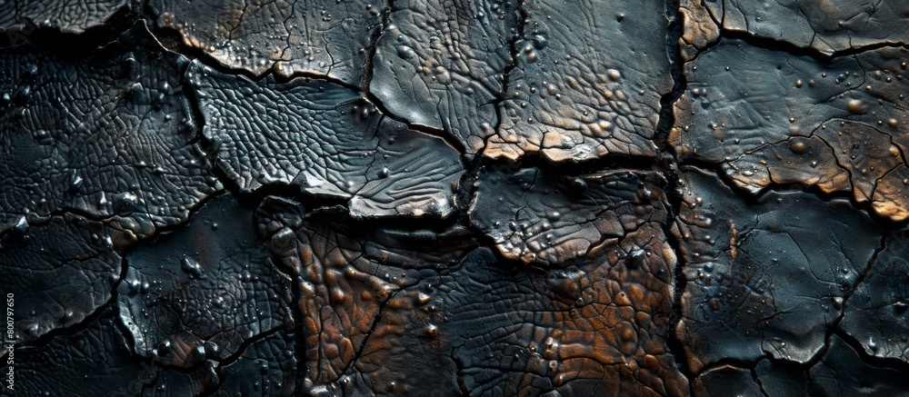 Poster close up view of a surface with numerous cracks filled with black paint, creating a textured and wea