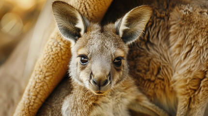 A baby kangaroo peeking out from its mother's pouch, its tiny face and twitching ears a symbol of maternal love and protection.