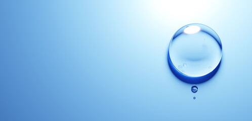 青色背景に3つの水滴。コピースペース。3D（横長）