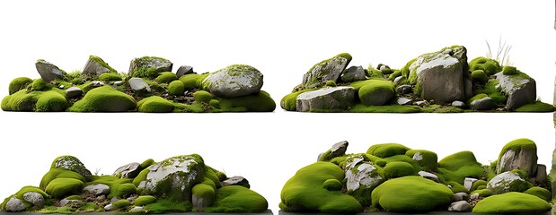  Set of moss-covered rocks in natural settings, cut out 