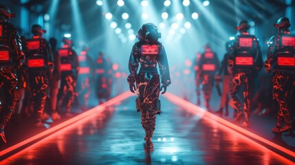 Obraz premium A scene from a science fiction inspired show, where a solitary robot walks the catwalk, illuminated by dramatic lighting.