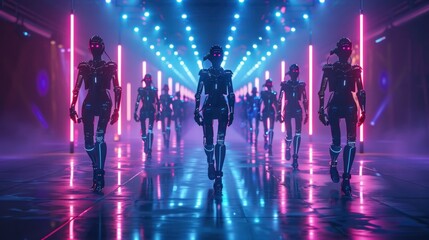 A scene from a science fiction inspired show, where a solitary robot walks the catwalk, illuminated by dramatic lighting.
