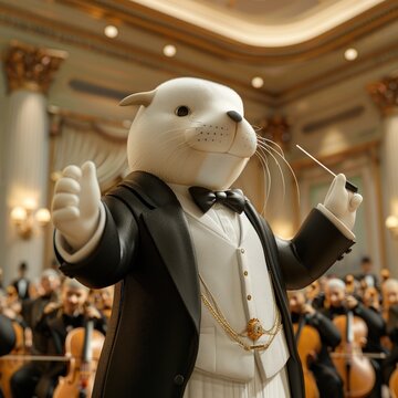 An imaginative depiction of a seal dressed as a conductor, leading a symphony orchestra in a grand musical performance.