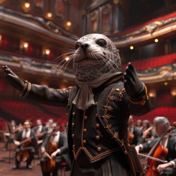 An imaginative depiction of a seal dressed as a conductor, leading a symphony orchestra in a grand musical performance.
