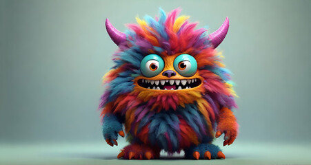 Fototapeta premium Colorful cartoon character furry monster in a blue background ai generative