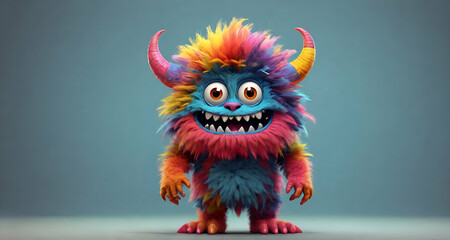 Fototapeta premium Colorful cartoon character furry monster in a blue background ai generative