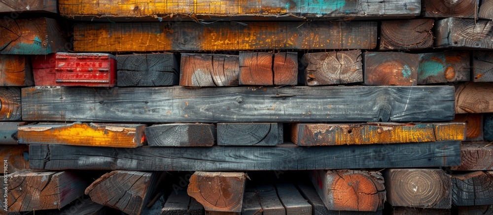 Poster A close-up view of a stack of timber wood with various shapes and sizes, topped by a bright red wooden crate