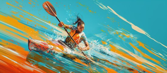 Digital illustration of a female athlete passionately paddling in a kayak race with vibrant splashes