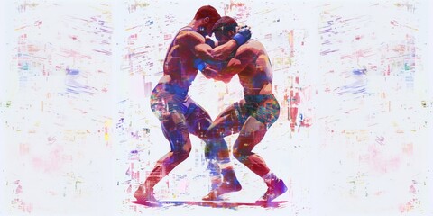 Artistic depiction of two wrestlers engaged in a match