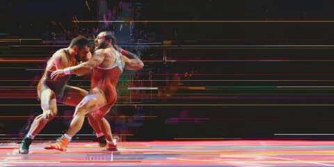 Artistic depiction of two wrestlers engaged in a match with digital glitch effects