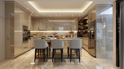Fototapeta premium Harmony of Light and Texture: Soft Fabrics and Travertine Marble in the Kitchen