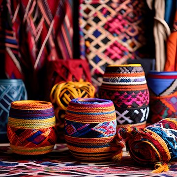 Colorful tribal textile pillows and woven bowls on rustic table display