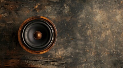 Audio speaker on rustic wooden background. Top view.