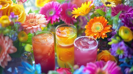 A vibrant bouquet of flowers on a table surrounded by glasses filled with colorful mocktails. - Powered by Adobe