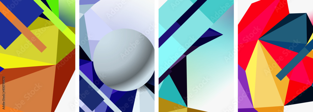 Poster a vibrant collection of geometric shapes in shades of violet, electric blue, and magenta form a symm