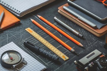 Educational tools such as pencils, rulers, and notebooks arranged creatively