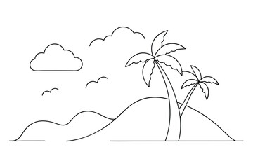 One continuous line drawing of beach with palm tree. Abstract tropical landscape with sea and clouds in simple linear style. Travel vacation in editable stroke. Doodle panoramic vector