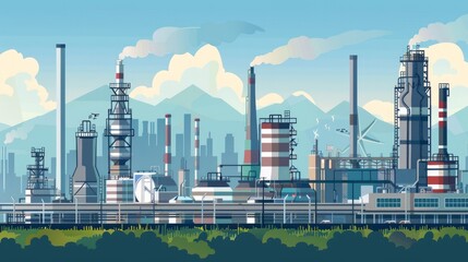 Depicting a chemical, petrochemical, or processing plant, this illustration captures the essence of heavy industry and industrial landscapes.