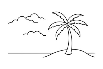 One continuous line drawing of beach with palm tree. Abstract tropical landscape with sea and clouds in simple linear style. Travel vacation in editable stroke. Doodle panoramic vector