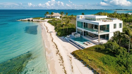 Fototapeta premium White modern resort hotel villa building on the beach with swimming pool, in beautiful daylight.