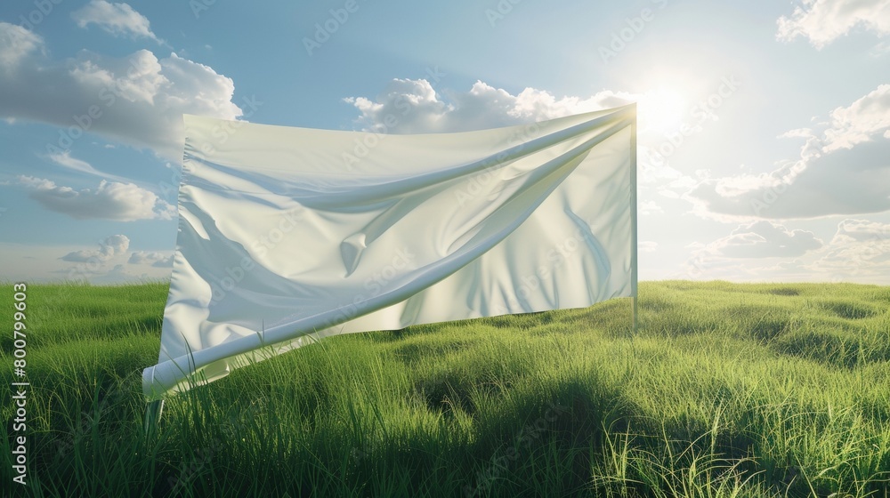 Poster blank mockup of a large blank flag stretched out on a grassy field and flapping gently in the breeze