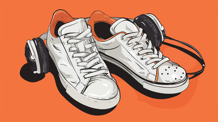 Sportive shoes and headphones on color background Vector
