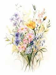 Vintage inspired watercolor painting of wildflowers, soft pastels with detailed petals and leaves, elegant composition