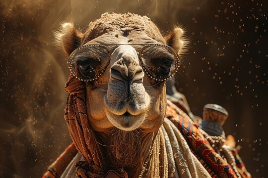 A camel is standing in the desert