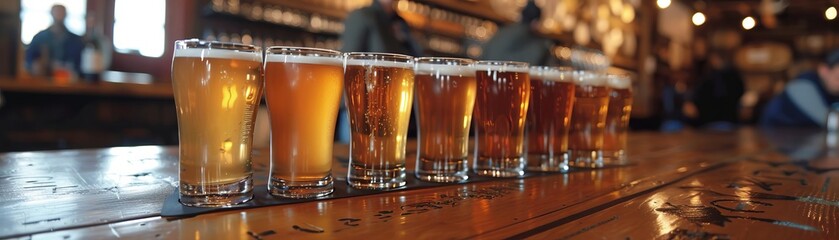 An informative scene at a beer tasting event where a guide is explaining the distinct characteristics of different pale ales, with a flight of beers in front of an eager audience - obrazy, fototapety, plakaty