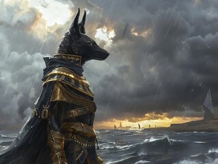 Anubis, the Egyptian god of the dead, stands solemnly before a stormy sky, his jackal head turned towards the horizon