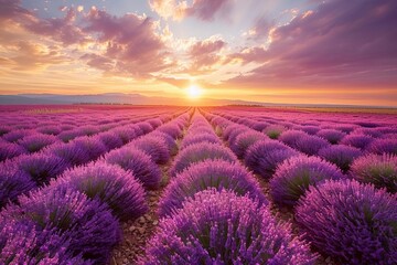 Fototapeta premium Aromatic lavender field at sunset, with rows of purple blooms leading towards the horizon, creating a tranquil and inviting herbal landscape