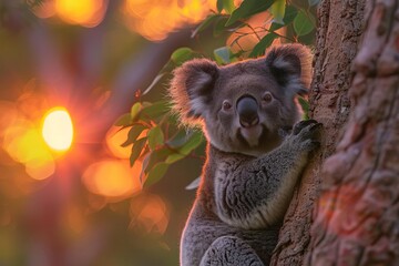 Solitary koala sitting high in a tree, with the backdrop of a sunset casting warm colors across the scene, creating a peaceful endofday setting