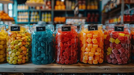 A vibrant display of various sour candies in a candy store, with jars filled with colorful, tangy treats, each label describing the flavor intensity