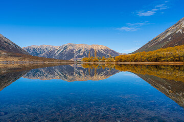 autumn lake landscape with reflection,clouds,mountain